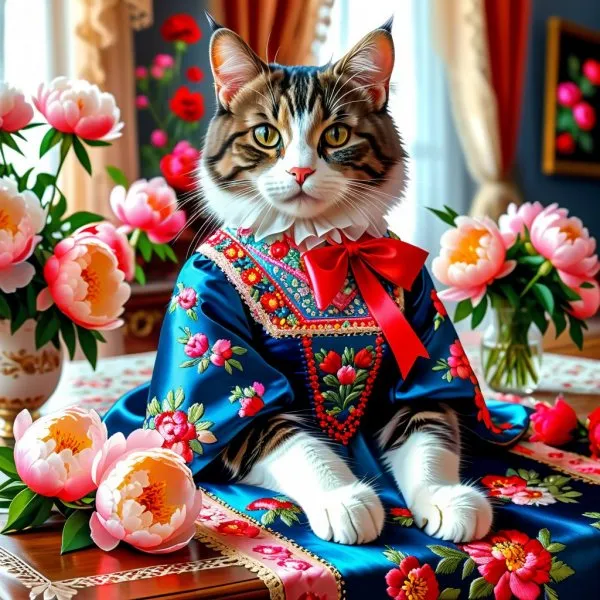 Кошка в роскошном платье с вышивкой и пиксельной графикой. Изображение из нейронной сети Stable Diffusion