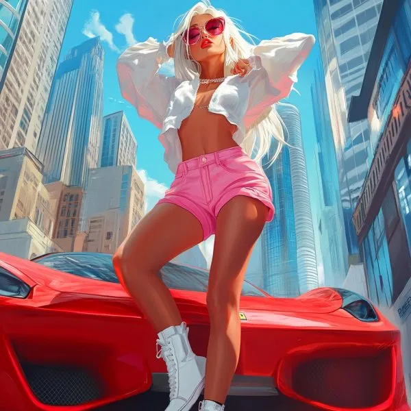 Городская красотка на Ferrari: взрывной стиль и невероятная харизма в ярком образе. Изображение из нейронной сети Midjourney