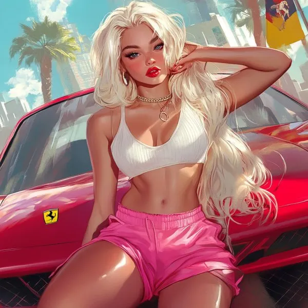 Стильная мода: блондинка на Ferrari в городском пейзаже. Изображение из нейронной сети Миджорни