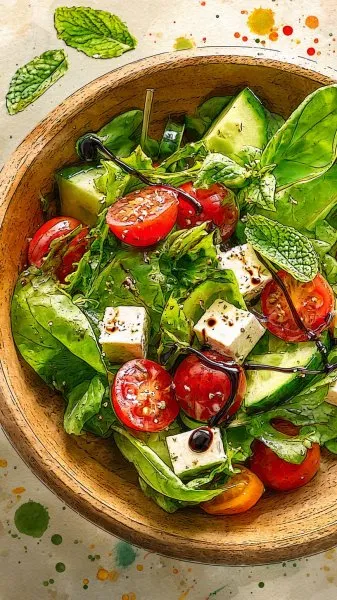 Свежий салат: яркий микс красками и вкусом в акварели. Генерация из нейросети Midjourney
