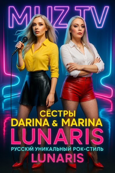 Сестры Lunaris: Неоновый Рок-Шик на Обложке Муз ТВ. Картинка из нейронной сети Sora images Ai
