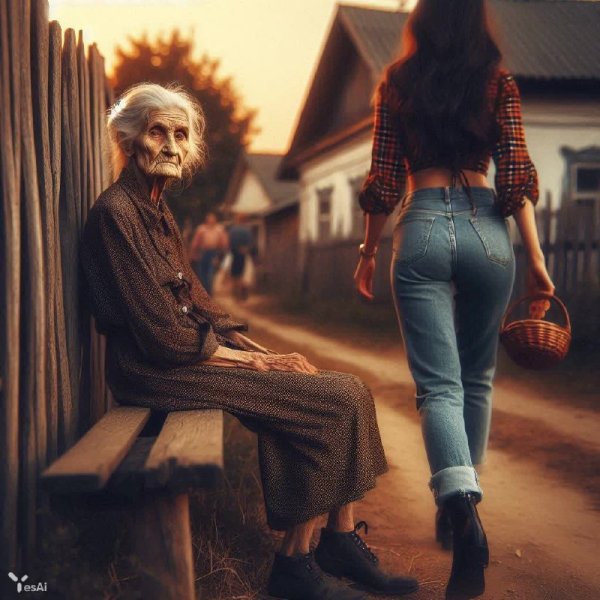 Задумчивая старушка и прохожая: тишина деревенского вечера. Генерация из нейросети Dalle 3