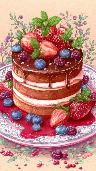 Изысканный торт акварелью: клубника, мята и ягодный десерт. Картинка из нейросети Midjourney