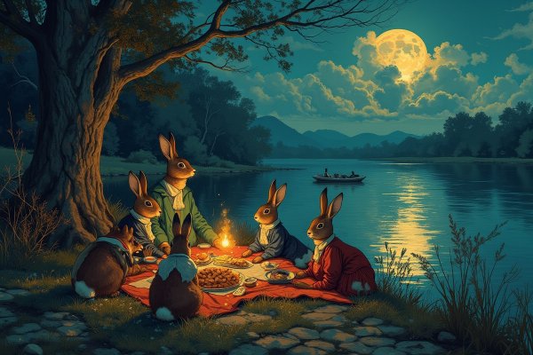 Веселый пикник на Днепре: пародия на Кuinji с неожиданными деталями и яркими красками. Генерация из нейронной сети Flux Ai