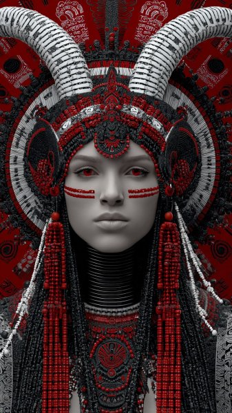 Лицо в маске: таинственная женщина с рогами и ярким головным убором. Генерация из нейронной сети Midjourney