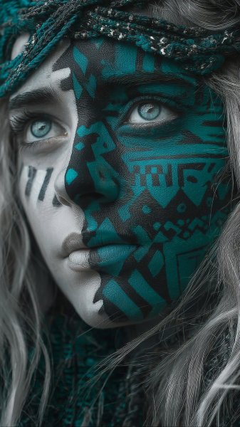 Лицо в черно-белых зигзагах: драматичный портрет с акцентом на глаза и нос. Генерация из нейронной сети Миджорни
