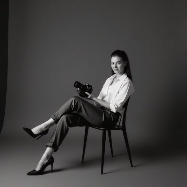 Студийный снимок: фотограф и модель в стиле casual. Картинка из нейронной сети Flux