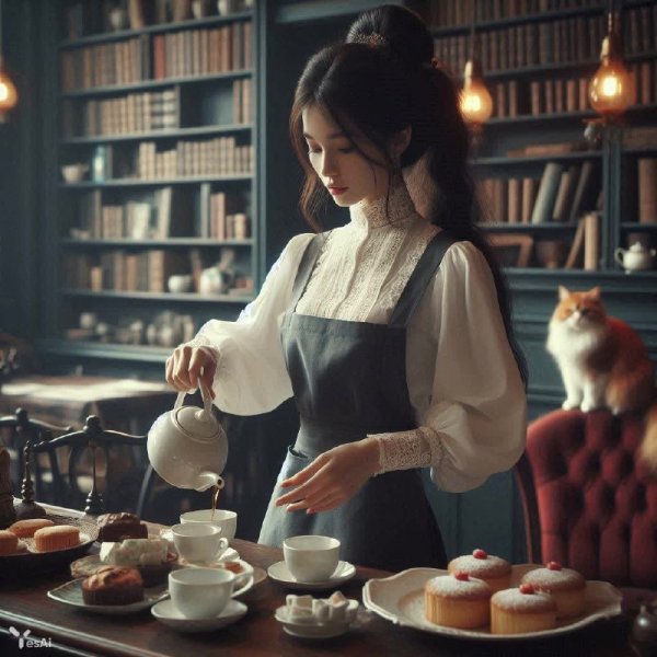 Уютное кафе: Чай, пирожные и рыжий кот среди книг. Генерация из нейросети Dalle