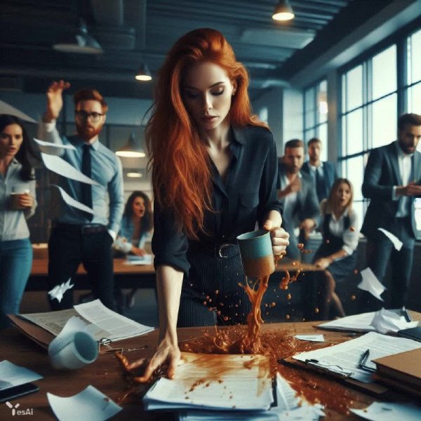 Утро в офисе: кофе, хаос и удивленные коллеги. Картинка из нейронной сети Далли 3
