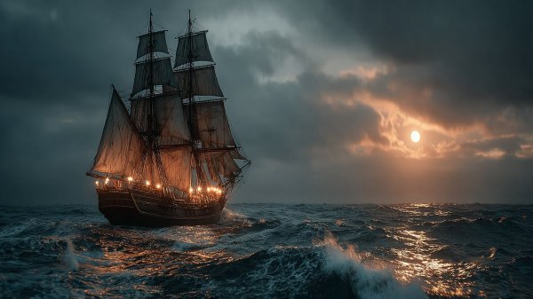Ночное плавание: эпический корабль в бушующем океане под полной луной. Картинка из нейронной сети Midjourney