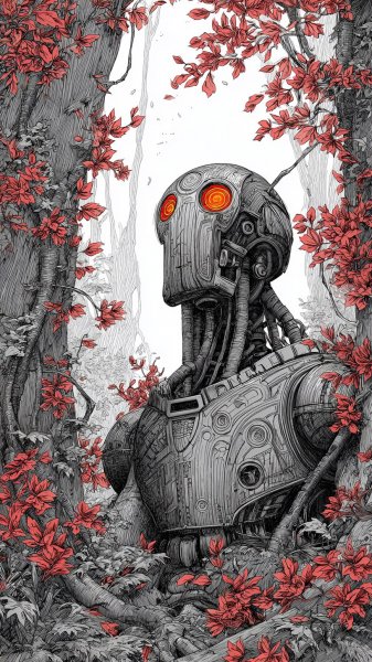 Кибернетический воин: племенные узоры и мрачное будущее в чернилах. Картинка из нейросети Миджорни