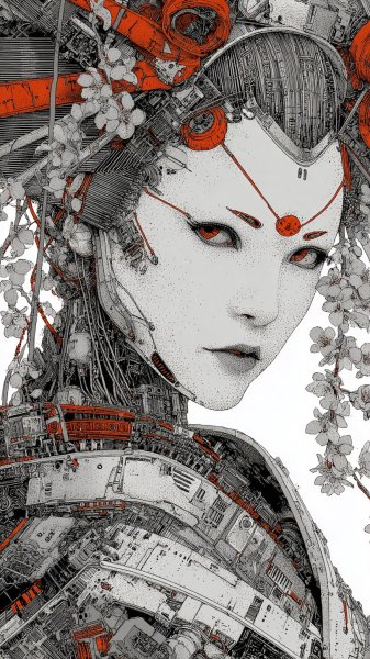 Киборг гейша: черное и белое искусство из металла и технологий. Нейросеть Midjourney