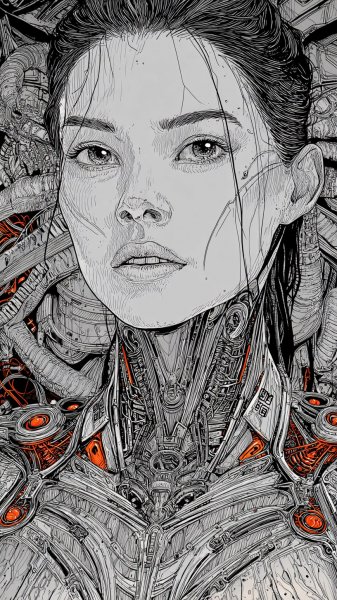 Кибернетическая красота: сюрреалистичный портрет футуристичной женщины в черном и белом цвете. Картинка из нейронной сети Midjourney