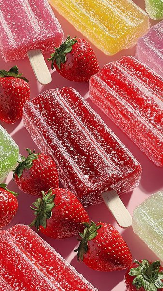 Яркий фон в стиле Candy Crush: клубничное сияние и черничный попкорн. Картинка из нейросети Midjourney