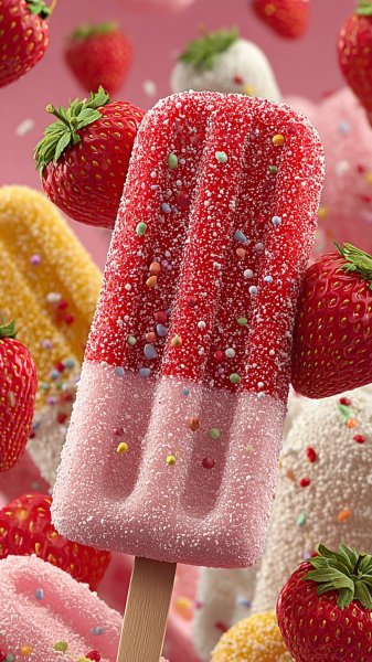 Яркий фон: леденцы и клубничный блеск в стиле Candy Crush. Изображение из нейросети Midjourney