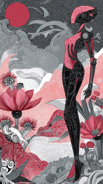 Неоновая робомода: маска, цветы и спокойный пейзаж в наивном стиле. Картинка из нейронной сети Midjourney