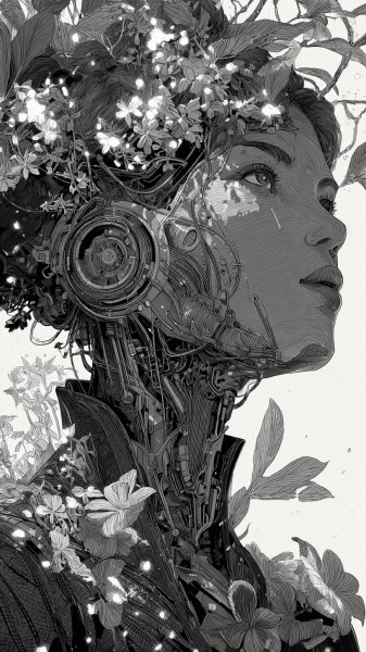 Кибернетическая нимфа: биопанк и механика в изящном чертеже. Нейросеть Миджорни
