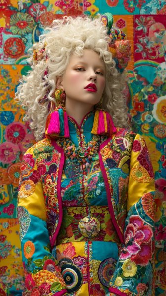 Яркий образ: эксцентричная женщина в стиле кокеши и роскошные кудри. Картинка из нейросети Midjourney