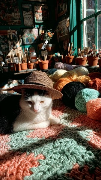 Милый котик в вязаной шапке среди клубочков яркой пряжи на фоне солнечного окна. Нейронная сеть Миджорни