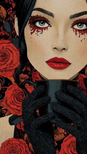 Лицо в розах и коже: психоделический портрет в стиле Бертона и Юргенс. Нейросеть Миджорни