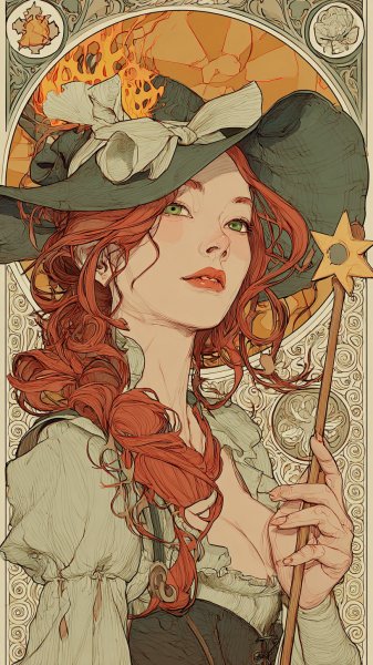 Ведьма из AFK Arena: очаровательный образ в стиле пин-ап от J.C. Leyendecker. Нейросеть Midjourney