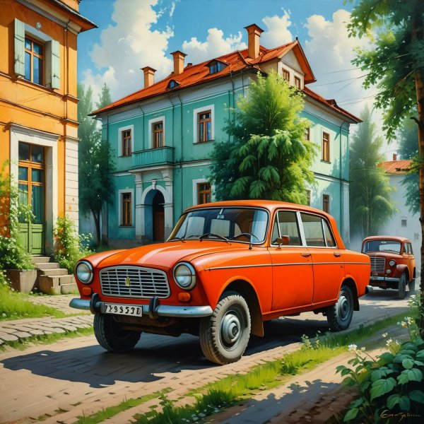 Советский Маз у заводского здания. Ностальгия по эпохе СССР и летнему дню. Генерация из нейросети Stable Diffusion