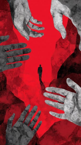 Загадочная иллюстрация: руки и силуэт на фоне алого цвета. Изображение из нейронной сети Миджорни
