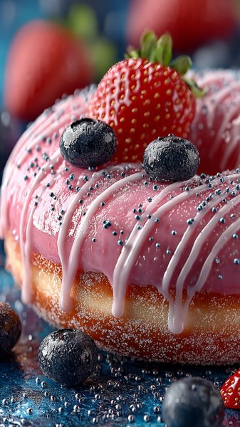 Нежный пончик с клубникой и черникой: фотореалистичное наслаждение вкусом лета. Нейросеть Midjourney