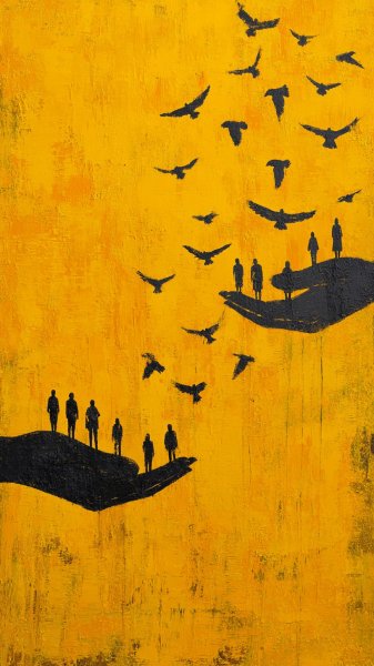 Реализм и сюрреализм: птицы в желтом свете тайн и контрастов. Изображение из нейросети Midjourney