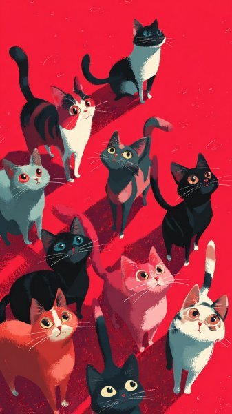 Веселые коты: яркие краски и игривые позы в абстрактном мире. Нейросеть Midjourney