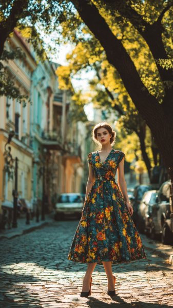Леди в винтажном платье и солнечный свет на старинной улице. Картинка из нейронной сети Midjourney