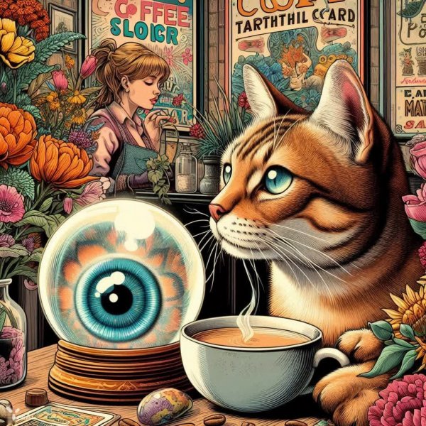 Кошачье предсказание: Кофе, цветы и мистические знаки судьбы. Картинка из нейросети Dalle