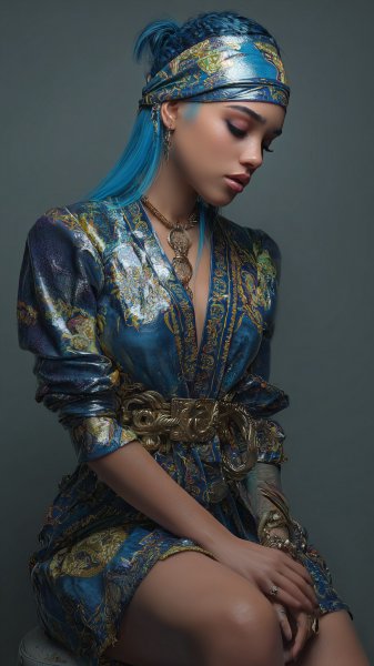 Яркий рейв-наряд Versace: дерзкая фотосессия в стиле Берта Стерна и Cardi B. Изображение из нейронной сети Миджорни