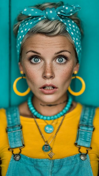 Ретро шик: модель в ярком образе на фоне бирюзы. Нейросеть Midjourney