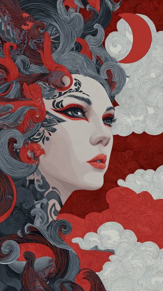 Лицо в красных облаках: драматичная красота с серпом месяца. Генерация из нейронной сети Midjourney