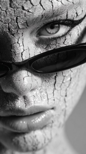 Лицо из металла и трещин: фотореалистичный портрет в черно-белом стиле. Картинка из нейронной сети Midjourney