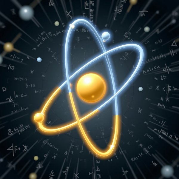 Атом: Научная иллюстрация с уравнениями и геометрией на фоне тьмы. Изображение из нейросети Flux Ai