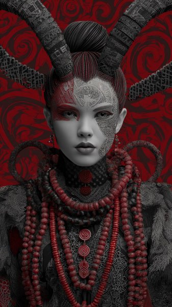 Женский портрет: танец теней и огненный взгляд в цифровом искусстве. Картинка из нейронной сети Midjourney