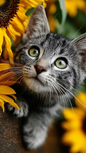 Игривый котенок и яркий подсолнух: момент умиления в солнечном саду. Нейронная сеть Midjourney