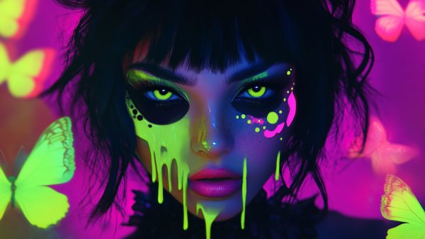 Яркий образ: краски, аксессуары и крылья бабочки на лице девушки. Картинка из нейронной сети Midjourney