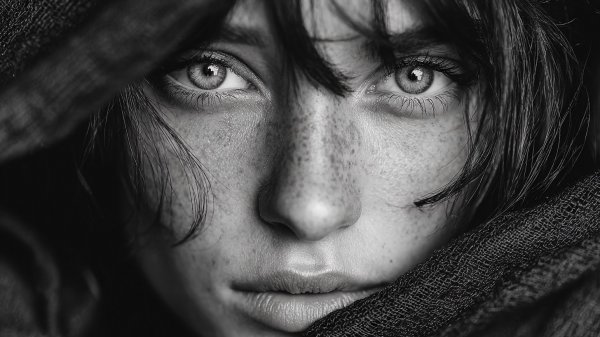 Лицо в тени ткани: драматичная черно-белая фотография с глубоким смыслом и тайной. Изображение из нейронной сети Миджорни