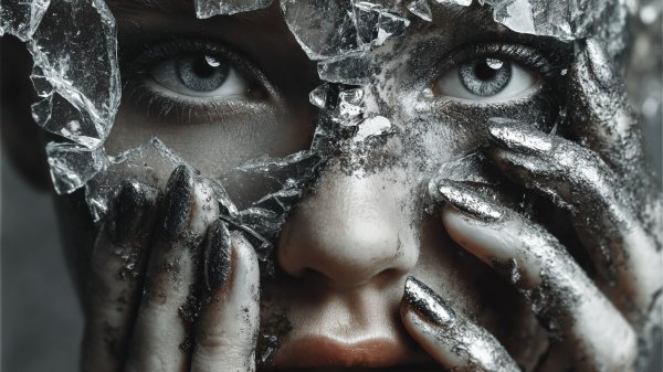 Хрупкость момента: рука и осколки стекла в черно-белом фотореализме. Картинка из нейросети Midjourney