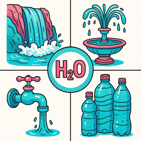 Вода во всех ее проявлениях: водопад, фонтан, кран и бутылки с формулой H₂O. Генерация из нейронной сети Sora Images