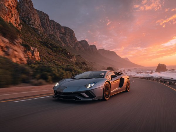 Серебряный Lamborghini на побережье: скорость, свобода и закат над океаном. Картинка из нейросети Midjourney