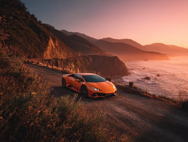 Закат над океаном: оранжевый Lamborghini Huracán на скале. Нейронная сеть Midjourney