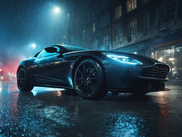 Черный Астон Мартин DB11: роскошь под дождем и таинственная атмосфера большого города. Картинка из нейросети Миджорни