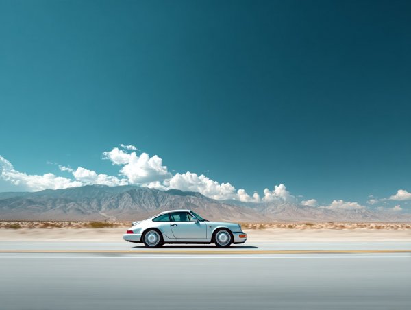 Серебристый Porsche 911: свобода скорости на пустынной трассе. Изображение из нейронной сети Миджорни