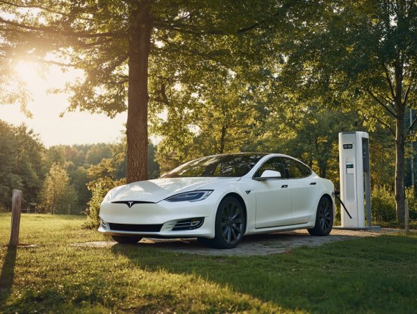 Белый Tesla Model S: Зарядка в гармонии с природой и будущим технологичным дизайном. Изображение из нейронной сети Midjourney