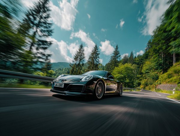 Чёрный Porsche 911: Скорость и драйв на горном серпантине. Изображение из нейронной сети Миджорни
