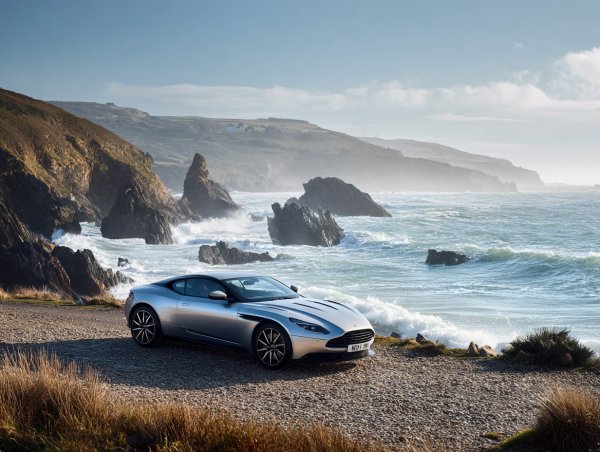Элегантность Aston Martin DB11 на фоне океанских волн и скалистого берега. Нейросеть Midjourney